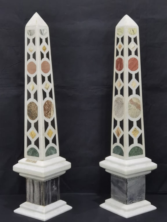 Pr. of Vintage Inlaid Pietra Dura Marble Obelisks (1 of 6)