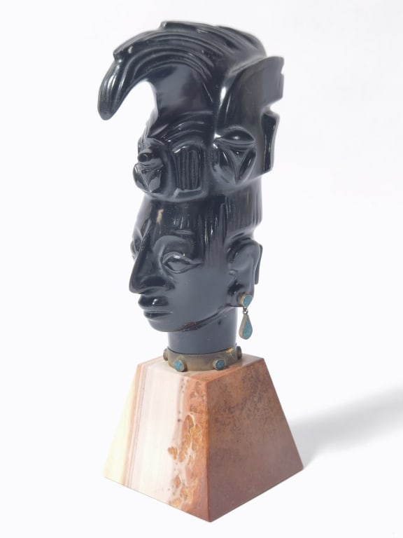 Mexican Obsidian Carved Mayan Head with Sterling/T: Mexican Obsidian Carved Mayan Head with Sterling/Turquoise, 7.5in