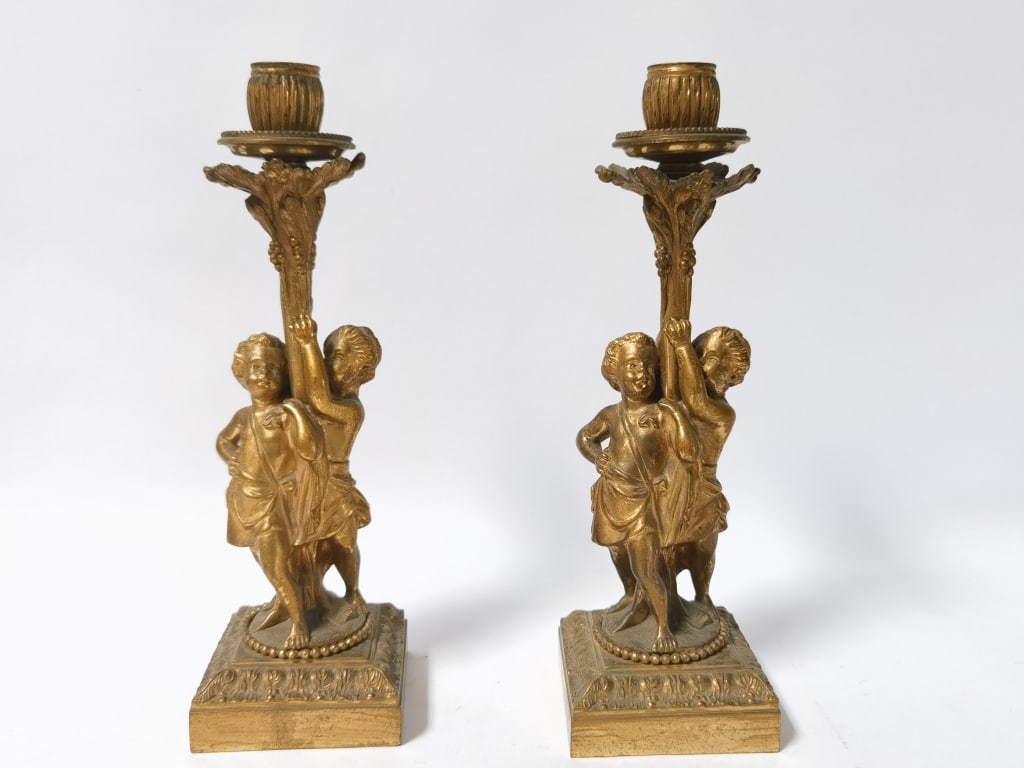 Pr. of 19th C. French Gilt Bronze Cherub Candlesti (1 of 6)