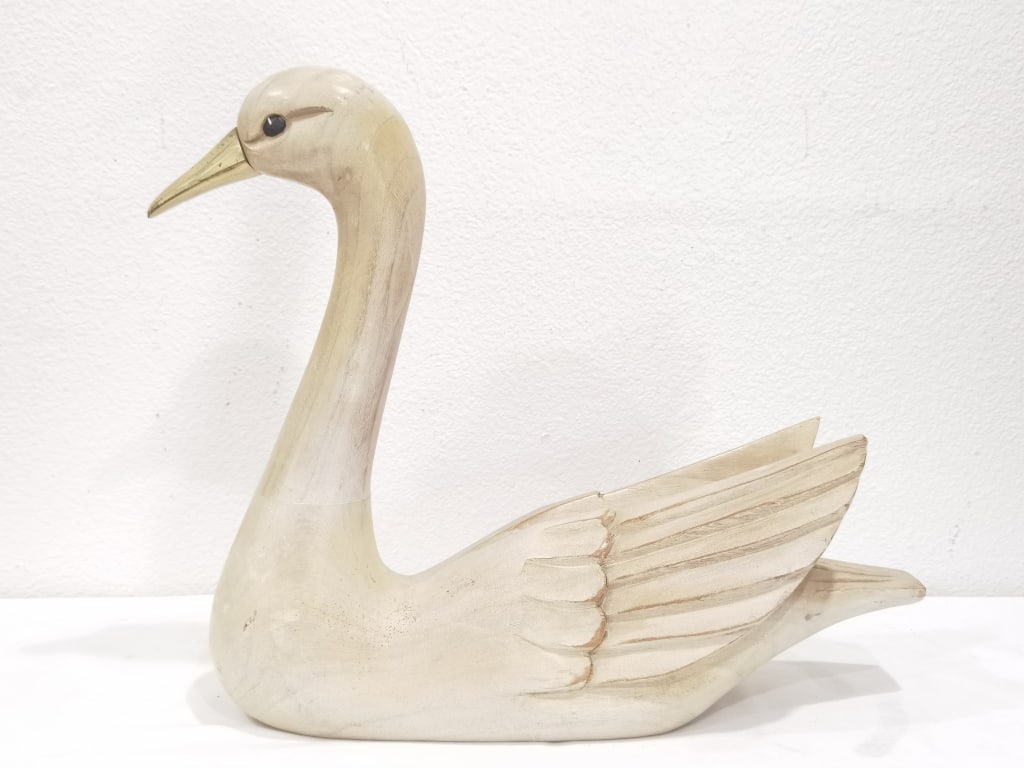 Vintage Carved Light Wood Swan Figure with Brass B (1 of 4)