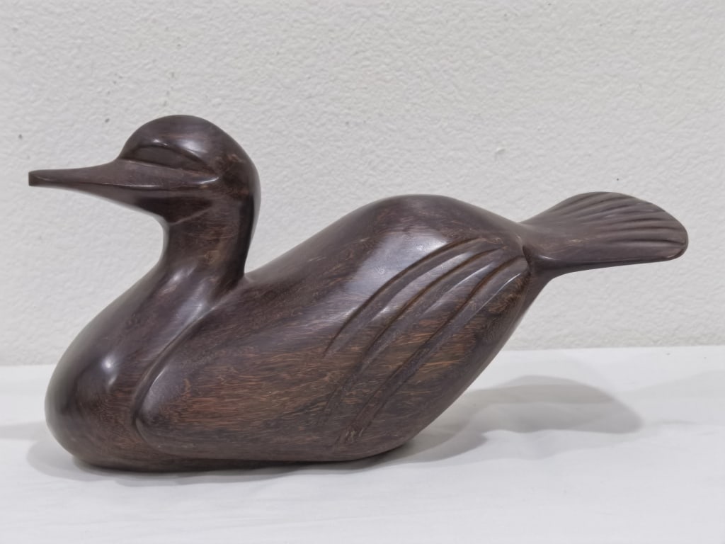 Mid-Century Modern Stylized Dark Wood Waterfowl: Mid-Century Modern Stylized Dark Wood Waterfowl Sculpture, 13in by 7in by 5in