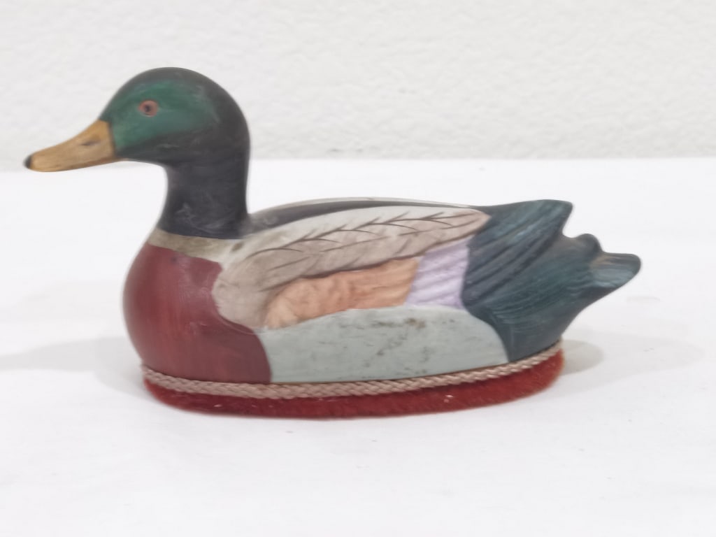 Hand-Painted Polychrome Porcelain Mallard Figurine: Hand-Painted Polychrome Porcelain Mallard Figurine, 6in by 3in by 2.5in