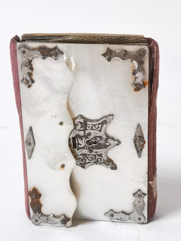 Antique Mother-of-Pearl Cover Wallet: Antique Mother-of-Pearl Cover Wallet, 3.5in by 2.5in