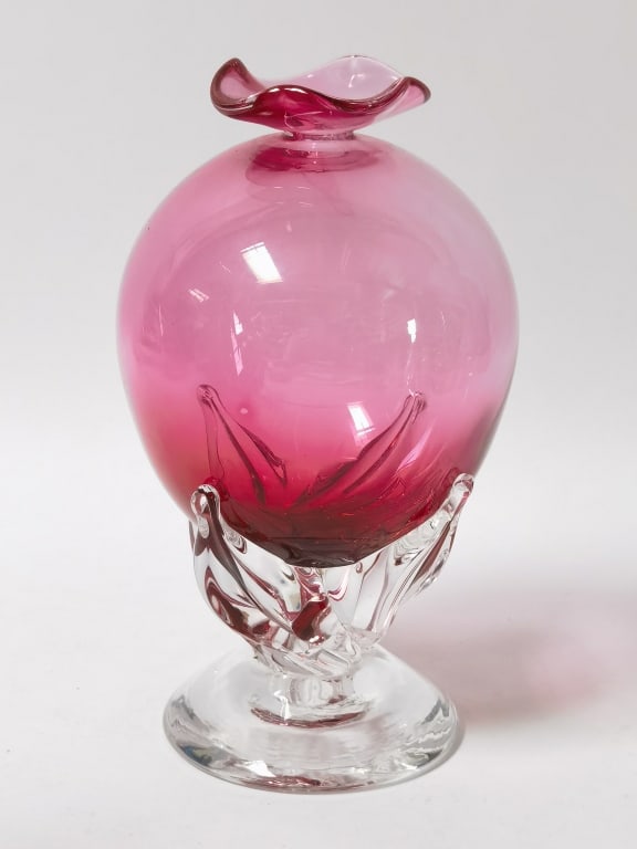1997 Signed Cranberry Art Glass Pedestal Ball Vase (1 of 4)
