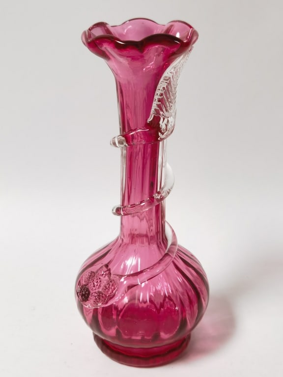 Vintage Cranberry Glass Trumpet Vase with Applied: Vintage Cranberry Glass Trumpet Vase with Applied Flower, 8.25in