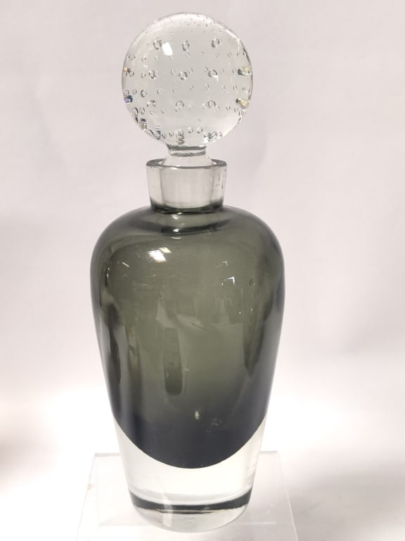 Mid-Century Murano Italy Smoky Glass Decanter: Mid-Century Murano Italy Smoky Glass Decanter, 9.25in by 3.5in