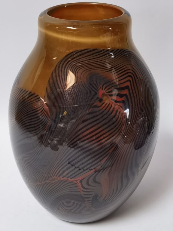 Signed Threaded Feather-Pattern Amber Torpedo Vase - 2