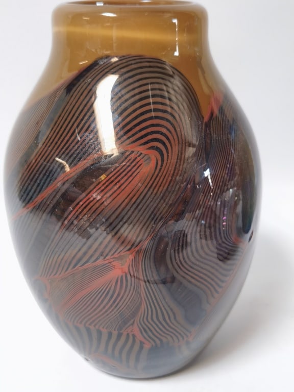 Signed Threaded Feather-Pattern Amber Torpedo Vase - 3