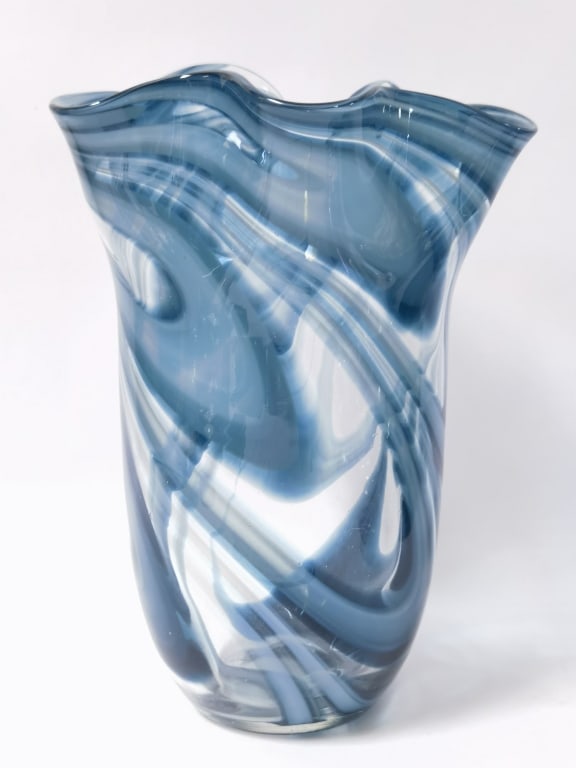 Murano Italy Blue and White Swirl Ruffled Vase: Murano Italy Blue and White Swirl Ruffled Vase, 11.5in by 9in