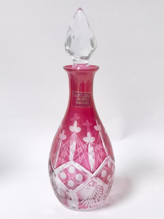 Laura Ashley Cranberry Cut-to-Clear Glass Decanter: Laura Ashley Cranberry Cut-to-Clear Glass Decanter, 8in
