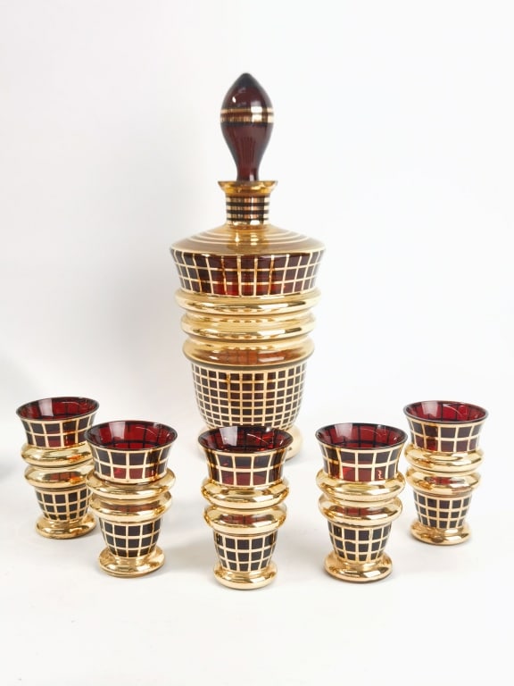 Vintage MCM Net Gilt over Amber Glass Decanter Set (1 of 5)