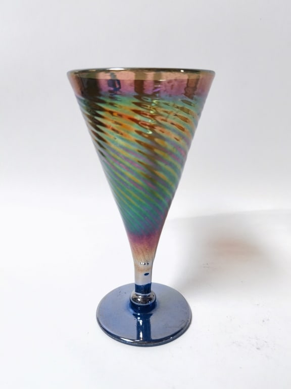 Signed Iridescent Twist Cobalt Blue Glass Goblet (1 of 5)