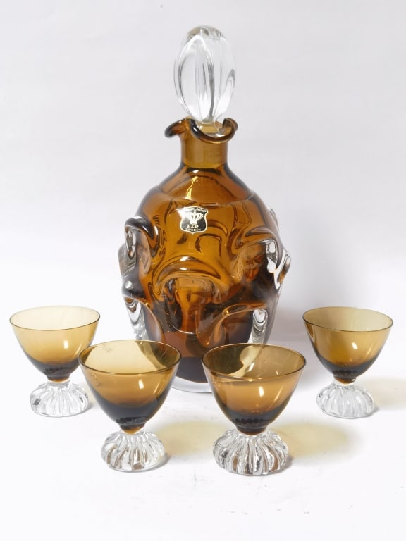 Vintage E&R Golden Crown Amber Glass Decanter Set (1 of 4)