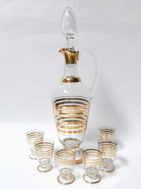 Mid-Century Gold-Band Clear Glass Decanter Set: Mid-Century Gold-Band Clear Glass Decanter Set, 15in & 2.75in