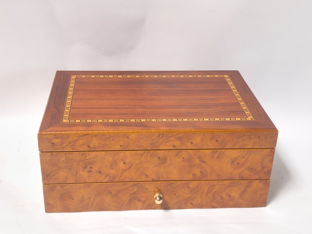 Inlaid Burl Wood Jewelry Casket with Drawer (1 of 5)