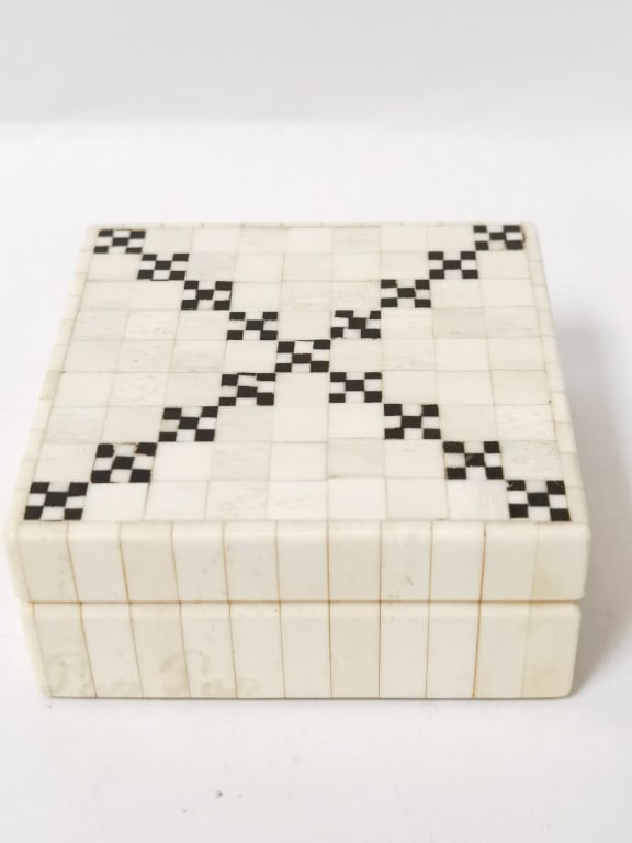 India Square Bone Inlay Box with Checkerboard Cros: India Square Bone Inlay Box with Checkerboard Cross, Signed, 3.75in by 3.75in by 1.75in