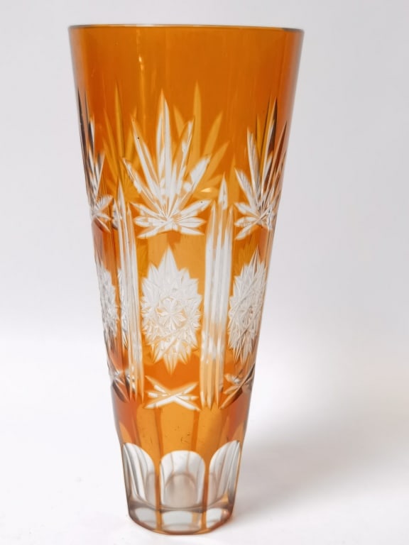Vintage Bohemian Amber Cut-to-Clear Crystal Vase (1 of 5)