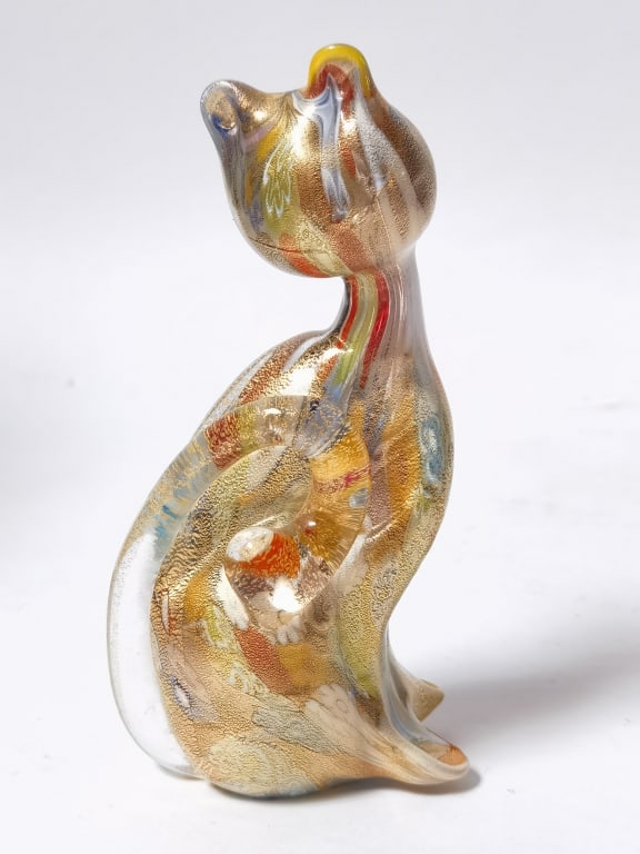 Vintage Murano Italy Gold Glitter Millefiori Glass: Vintage Murano Italy Gold Glitter Millefiori Glass Cat, 5in