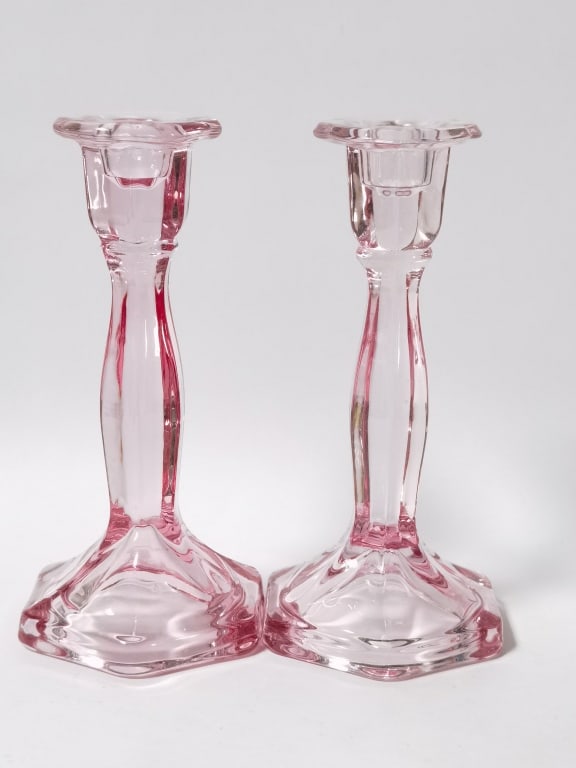 Pr. of Pink Depression Glass Candlesticks (1 of 4)