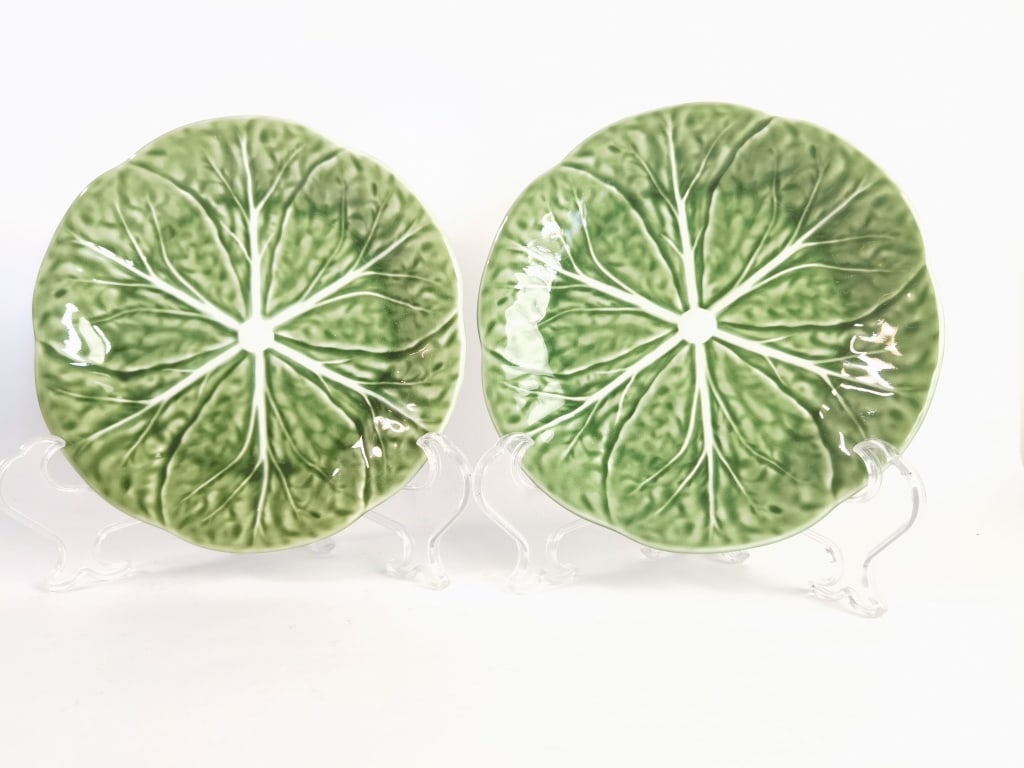 Pr. of Bordallo Pinheiro Porcelain Green Cabbage P: Pr. of Bordallo Pinheiro Porcelain Green Cabbage Plates, 7.5in