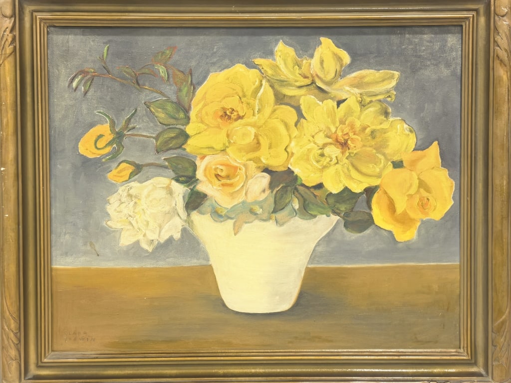 Antique Floral Oil Painting Signed Clara Godwin: Antique Floral Oil Painting Signed Clara Godwin, 24.5in by 20.5in