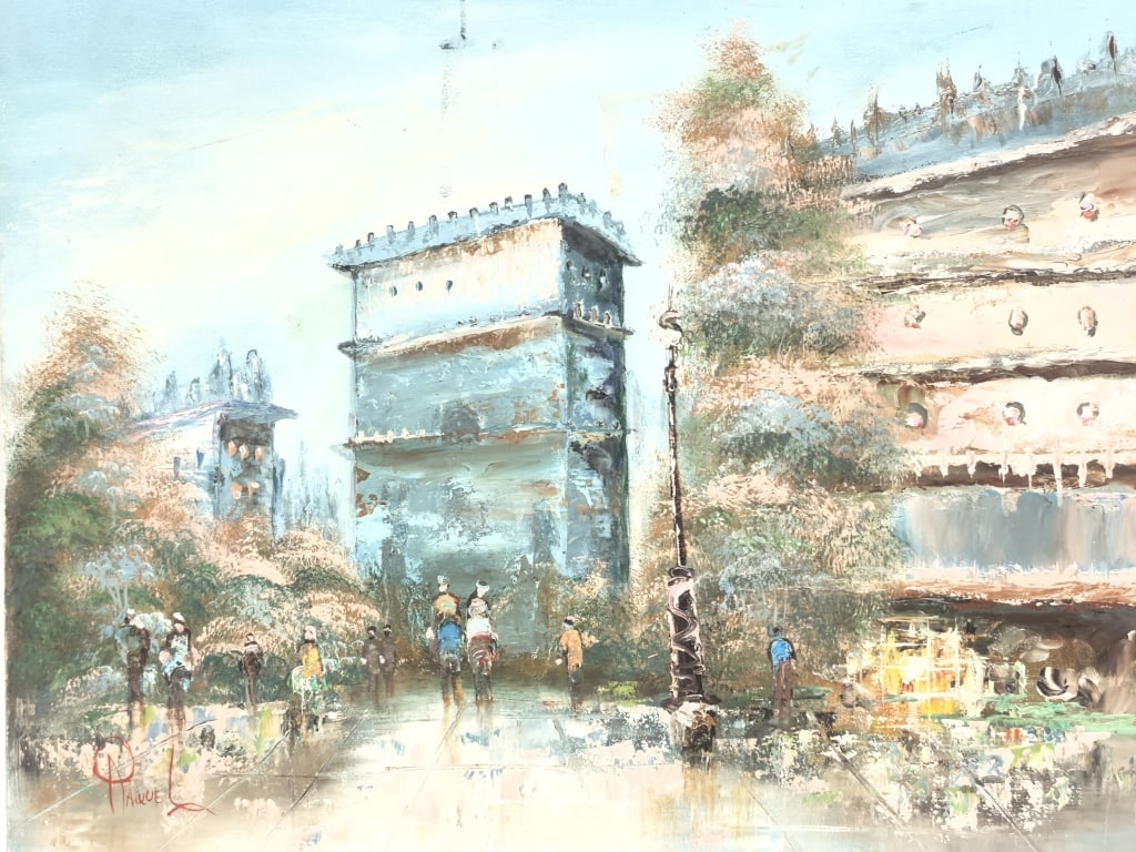 Vintage French Street Scene Oil Painting Signed Ra (1 of 5)