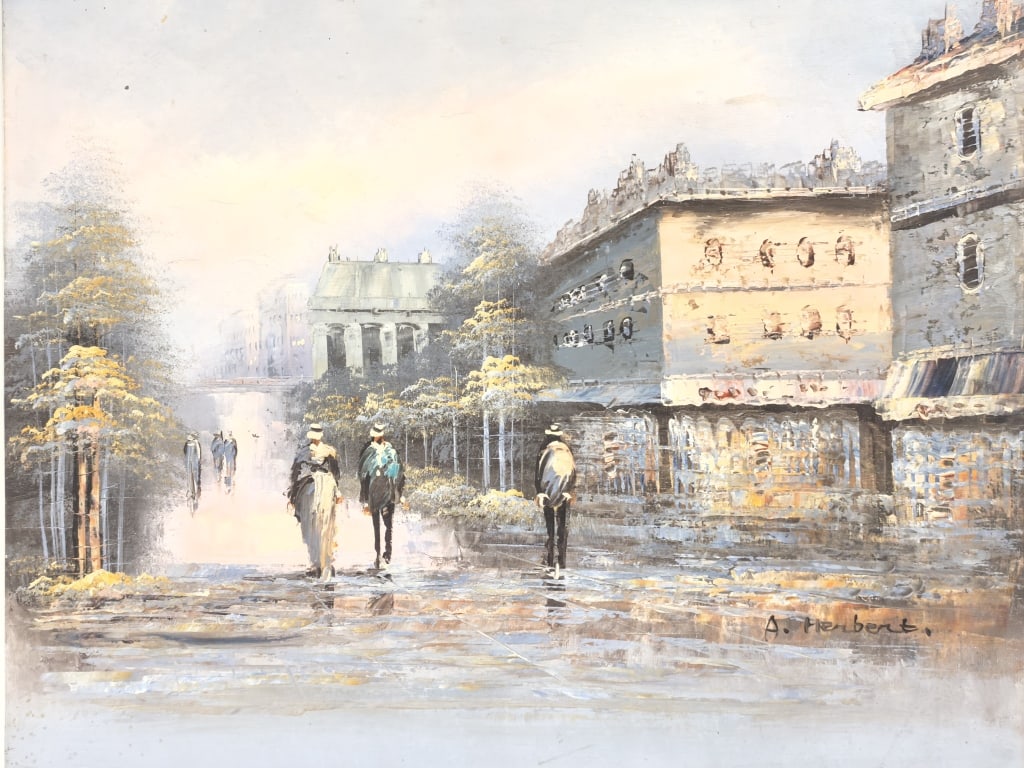 Vintage French Street Scene Oil Painting Signed: Vintage French Street Scene Oil Painting Signed A. Herbert, 24in by 20in