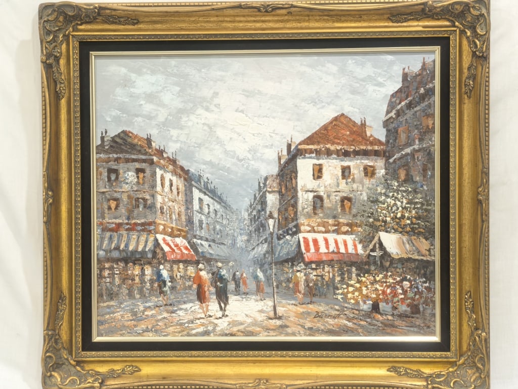 Vintage French Street Scene Oil Painting Signed Bu (1 of 7)