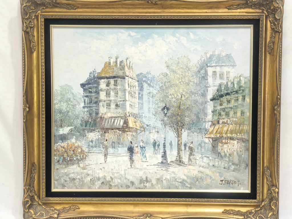 Vintage French Street Scene Oil Painting Signed J: Vintage French Street Scene Oil Painting Signed J. Bardot, 31in by 26.25in