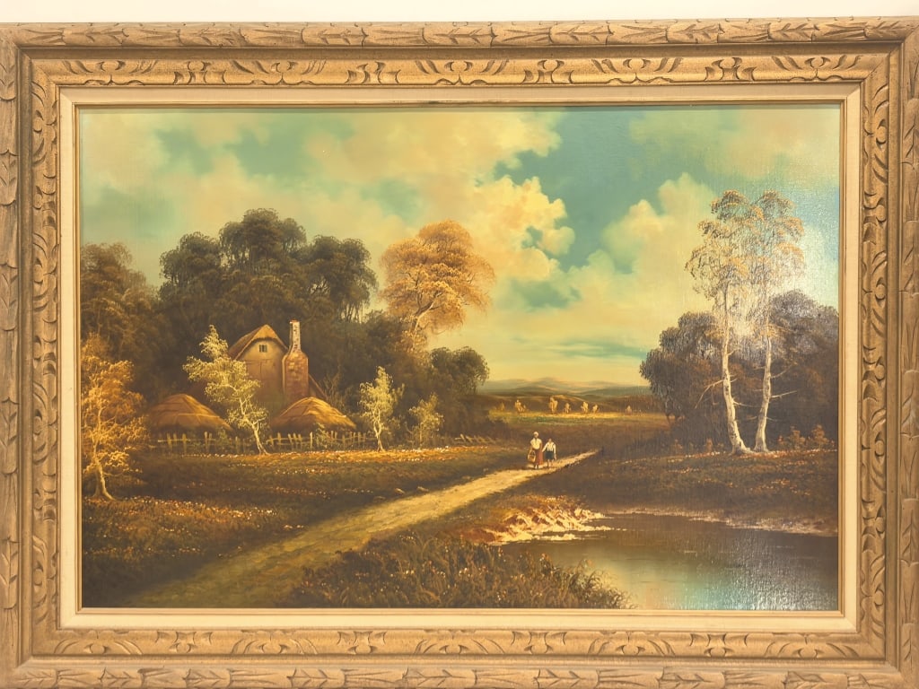 Vintage Landscape Oil Painting Signed Gene Van All: Vintage Landscape Oil Painting Signed Gene Van Allan, 43.5in by 31.5in