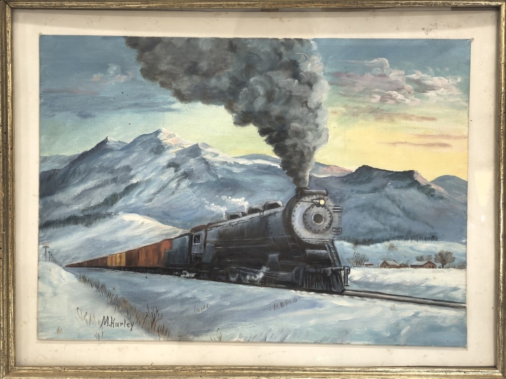 Vintage Steam Train Oil Painting Signed M. Hurley (1 of 4)