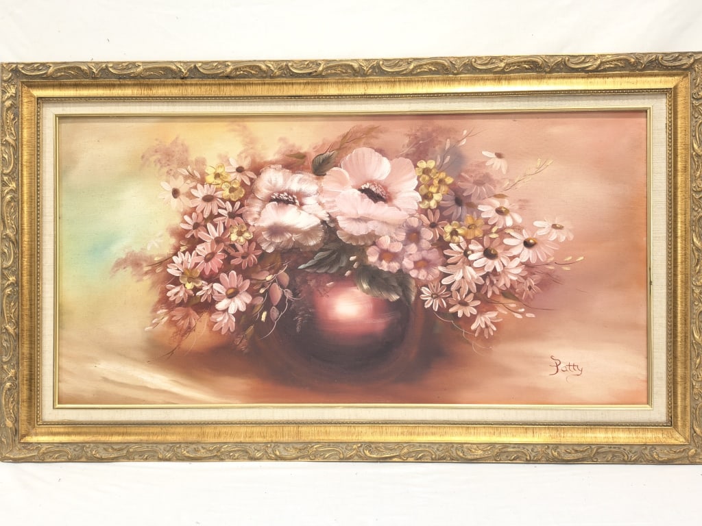 Vintage Floral Still Life Oil Painting Signed Patt: Vintage Floral Still Life Oil Painting Signed Patty, 42.5in by 24in