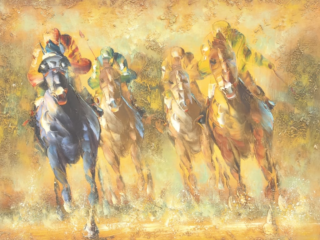 Vintage Race Horse Oil Painting Signed C. Lawrie: Vintage Race Horse Oil Painting Signed C. Lawrie, 23.5in by 20in