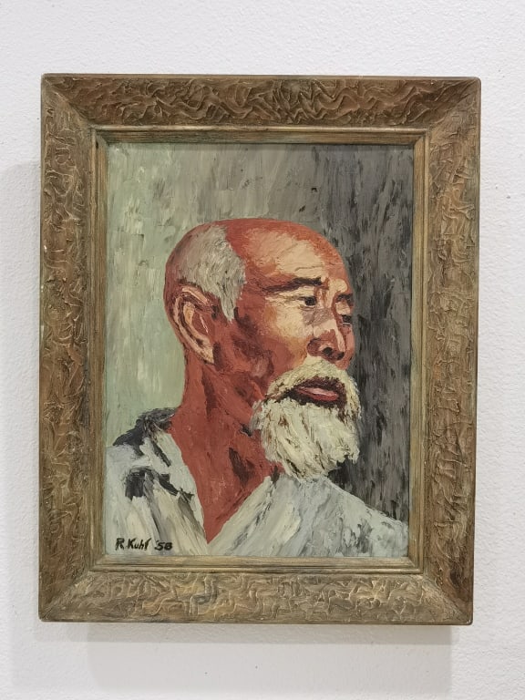 1958 Signed R. Kuhl Asian Portrait Oil Painting on: 1958 Signed R. Kuhl Asian Portrait Oil Painting on Board, 20in by 16in