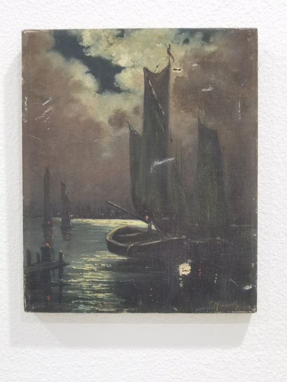 1991 F. McCarthy Seaside Boat at Night Oil Paintin (1 of 7)
