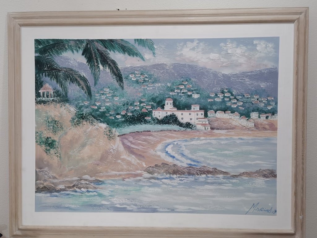 1998 Signed Marina Seascape Oil Painting on Canvas (1 of 5)