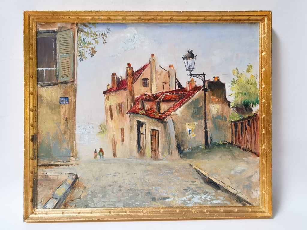 Street Scene Oil Painting in Gilt Wood Frame: Street Scene Oil Painting in Gilt Wood Frame, 23in by 20in