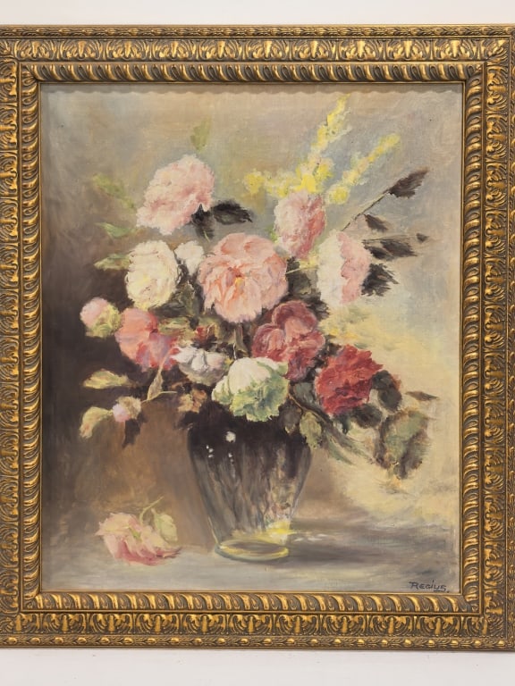 Vintage Floral Still Life Oil Painting Signed Regi: Vintage Floral Still Life Oil Painting Signed Regius, 31.25in by 27in