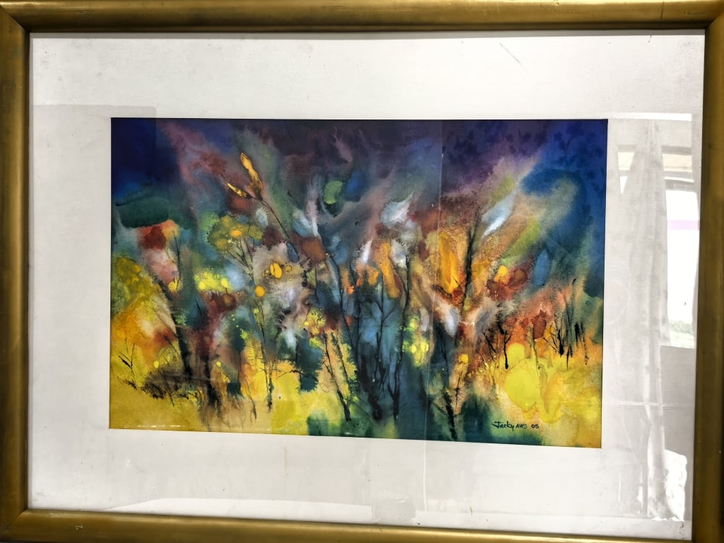 1995 Signed Jacky AWS Floral Watercolor Painting: 1995 Signed Jacky AWS Floral Watercolor Painting, 41.5in by 31.25in