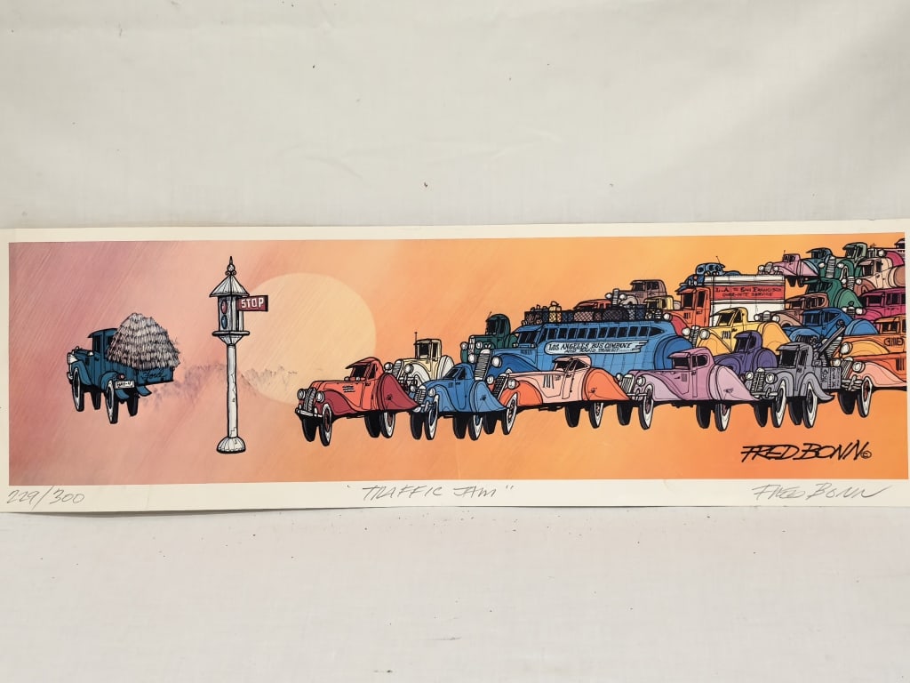 Limited Ed. Sgined "Traffic Jam"Print by Fred Bonn: Limited Ed. Signed "Traffic Jam" Print by Fred Bonn, 229/300, 26in by 8in