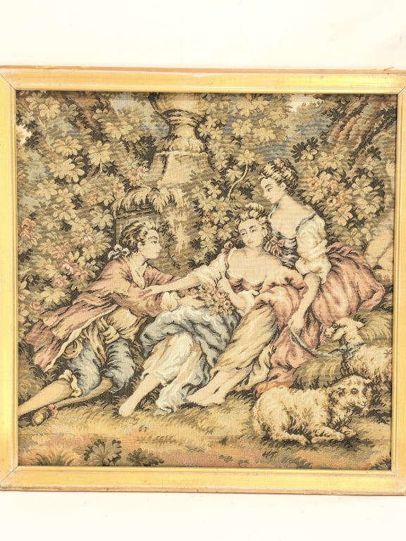 Vintage French Courting Scene Tapestry: Vintage French Courting Scene Tapestry, 21in by 21in