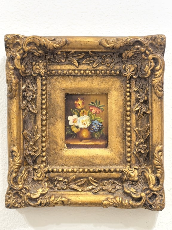 Small Vintage Floral Still Life Painting: Small Vintage Floral Still Life Painting, 9.5in by 9in