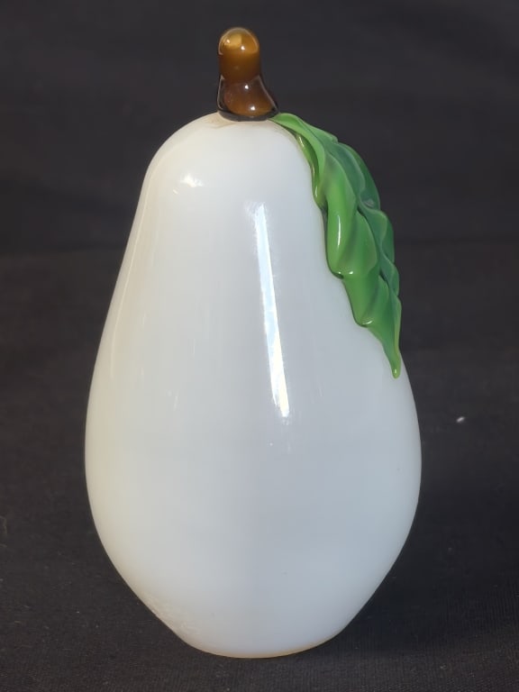 Orient & Flume White Art Glass Pear Paperweight: Orient & Flume White Art Glass Pear Paperweight, 3.5in by 1.75in