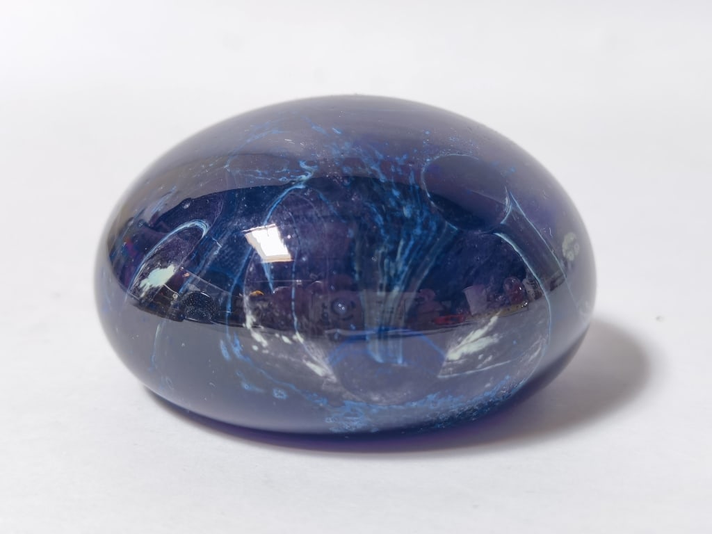 Vintage Signed Blue Swirl Art Glass Paperweight (1 of 3)