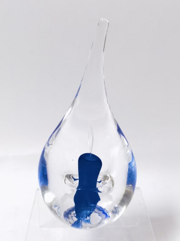 Adam Joblonski Blue Candle Teardrop Art Glass Pape: Adam Joblonski Blue Candle Teardrop Art Glass Pape, 6.5in