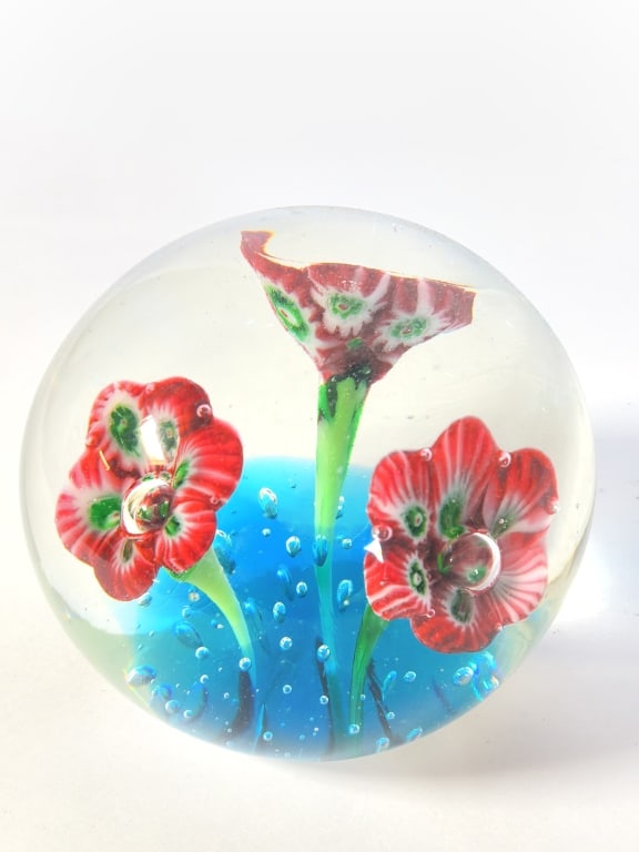 Vintage Murano Italy Millefiori Flower Art Glass P: Vintage Murano Italy Millefiori Flower Art Glass Paperweight, 3in