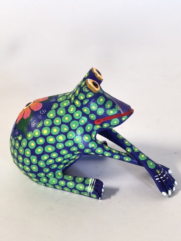 Roberta Mexican Oaxacan Wood Carved Frog Alebrije: Roberta Angeles Mexican Oaxacan Wood Carved Frog Alebrije, 3.25in by 2.25in by 1.75in