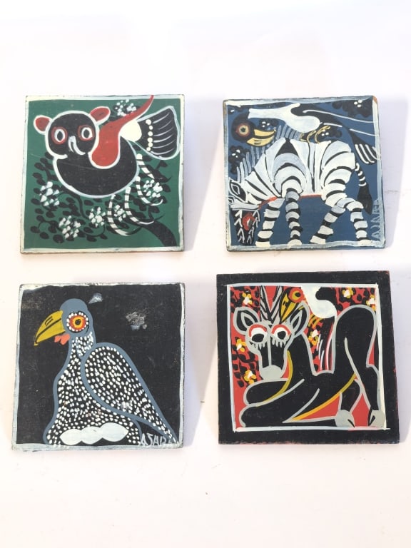 (4) Signed East African Tingatinga Folk Art Painti: (4) Signed East African Tingatinga Folk Art Paintings, 3in