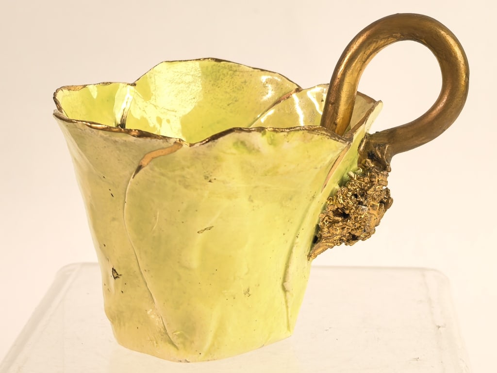 Antique Gold Rim Majolica Flower Cup: Antique Gold Rim Majolica Flower Cup, 3in