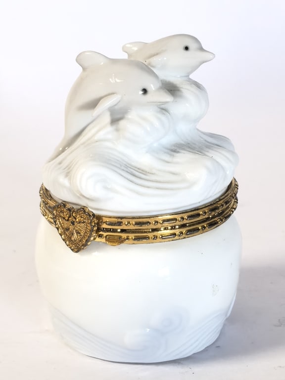 Dolphins Cresting Waves Hinged Porcelain Box: Dolphins Cresting Waves Hinged Porcelain Box, 3.5in by 2.5in